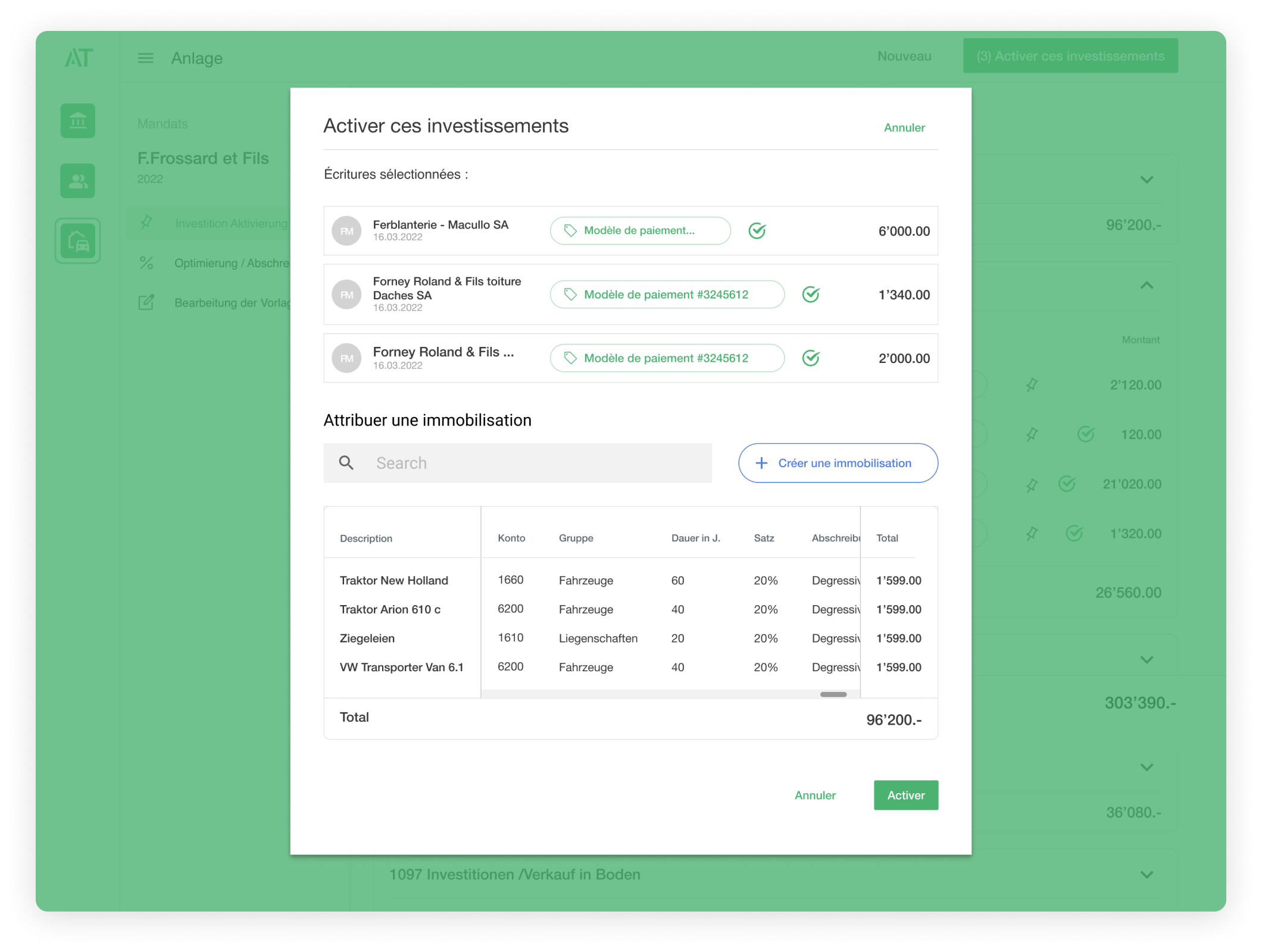 Fiduciary desktop: activate investments modal with selected line items