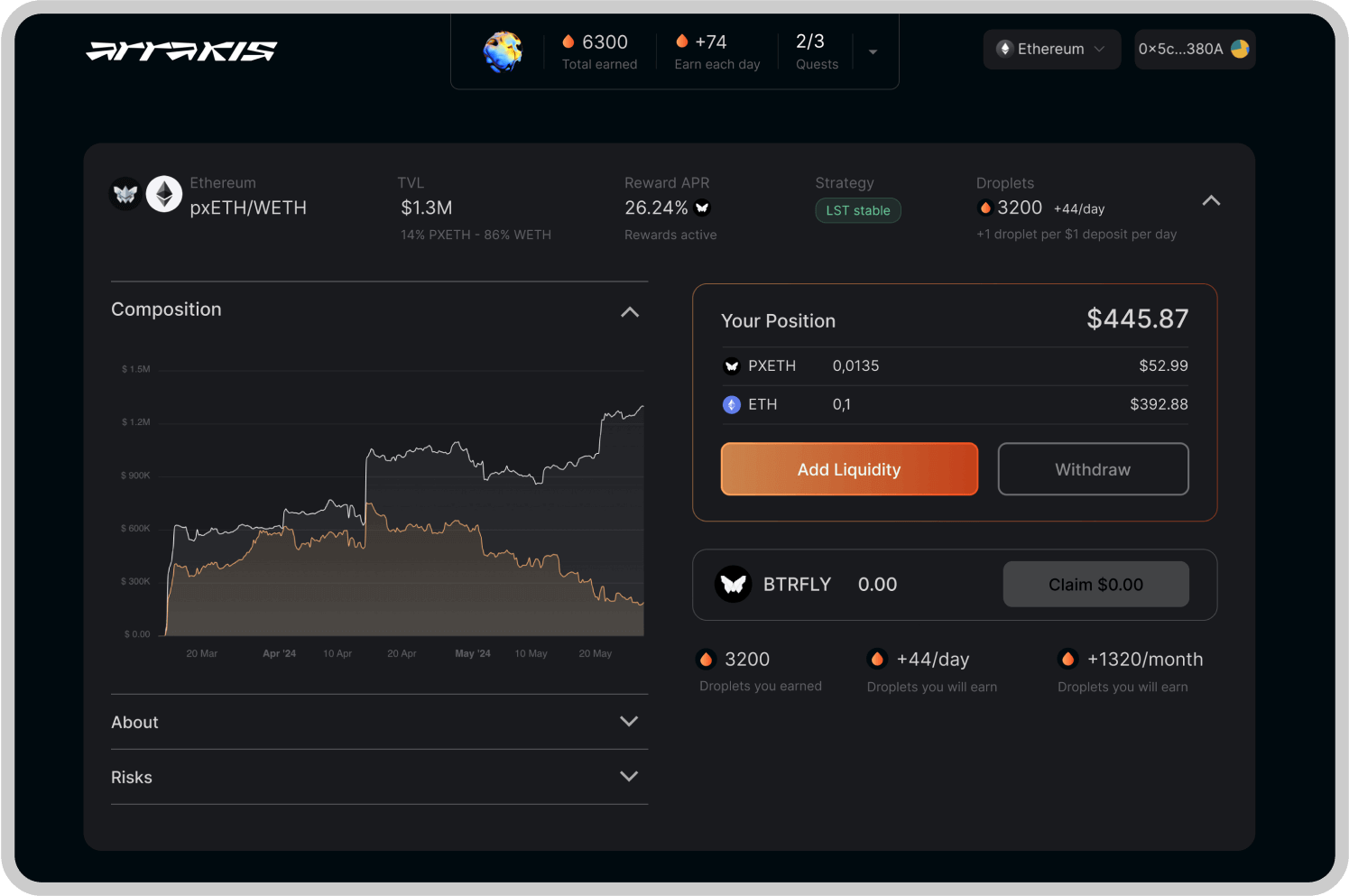 Arrakis dashboard and staking feature screen